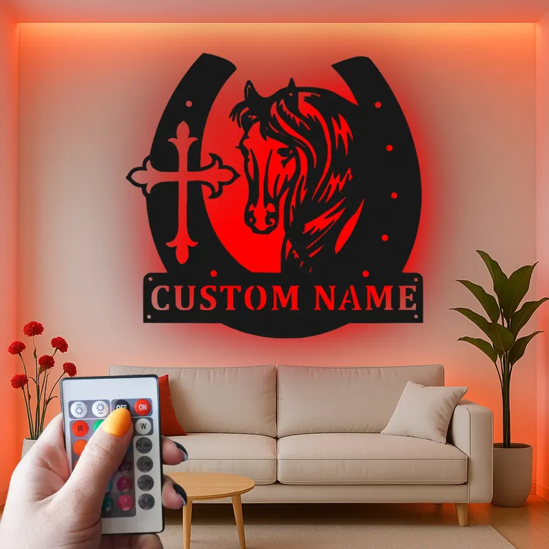 Letrero personalizado de caballo y herradura | Decoración mural LED de metal | Decoración ecuestre a medida para casa de campo | Regalo cristiano para amantes de los caballos