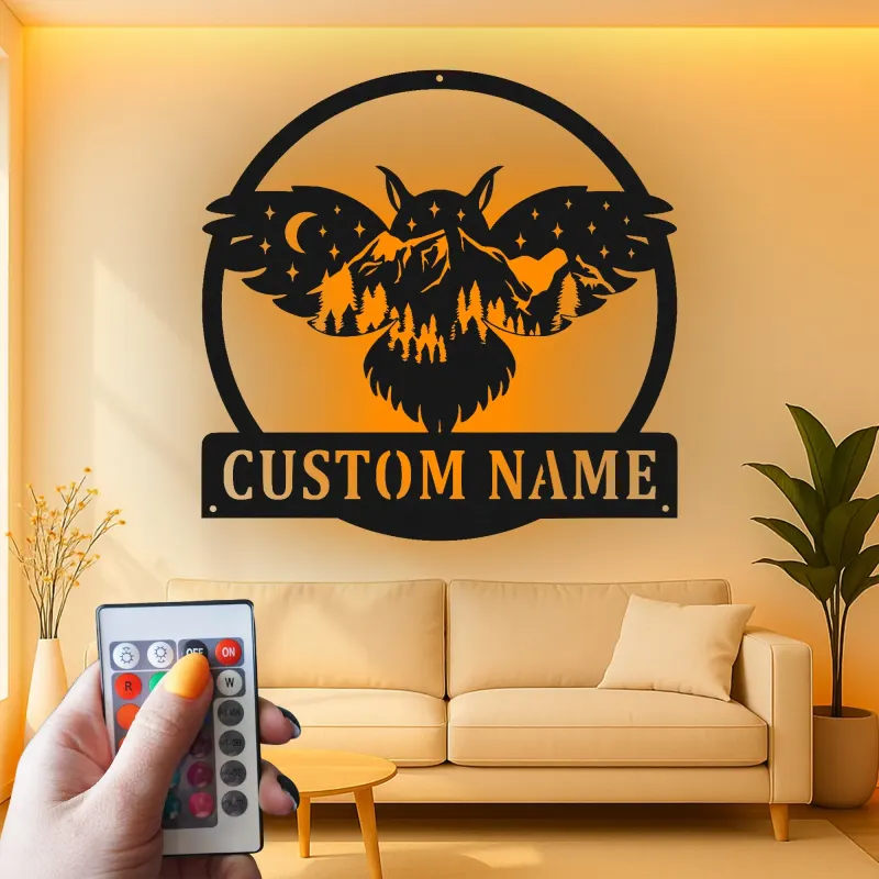 Insegna in metallo personalizzata con gufo | Insegna LED retroilluminata con nome per baita | Silhouette di gufo reale personalizzata, regalo per amanti della natura