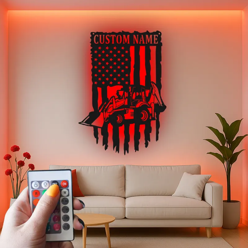 Cartel de metal personalizado con luz LED de cargadora retroexcavadora regalo para él decoración de garaje o taller