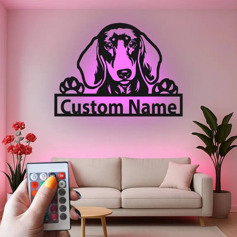 Cartel de metal LED personalizado de Dachshund, regalo para amantes de los perros, decoración para el salón 1