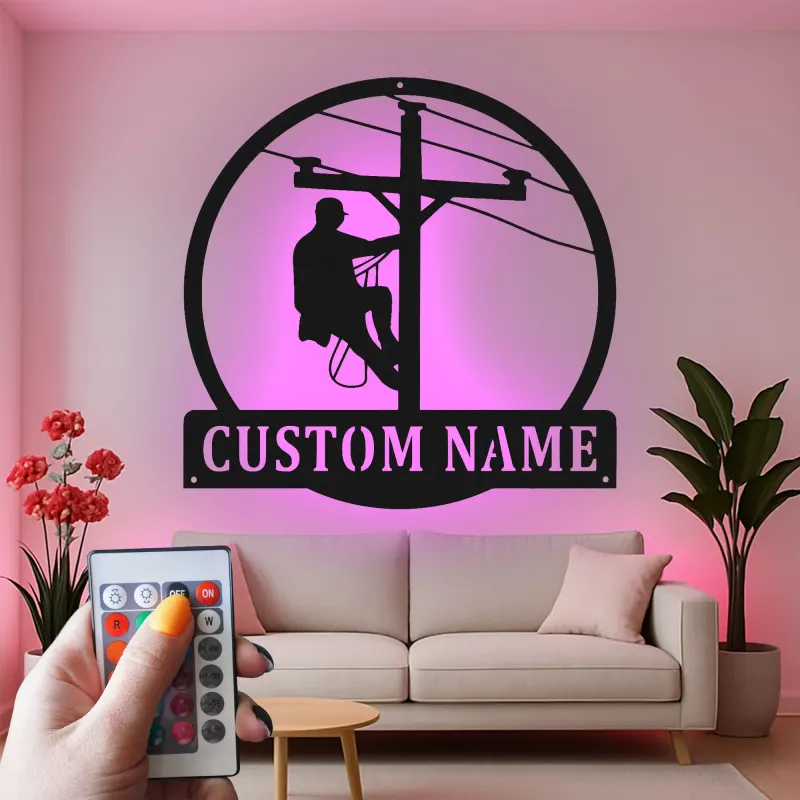 Personalized Lineman Sign | LED Metal Wall Art for Electrician | Custom Name Powerline Decor | Gift for Utility Worker Dad Husband