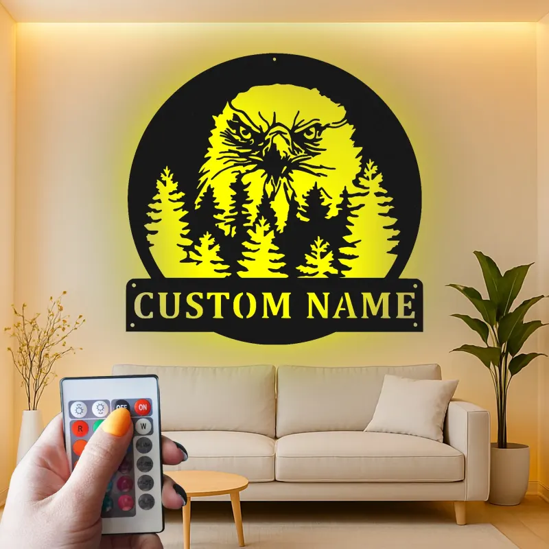 Cartel de metal LED personalizado de águila en el bosque, regalo para amantes de la naturaleza, decoración rústica de cabaña