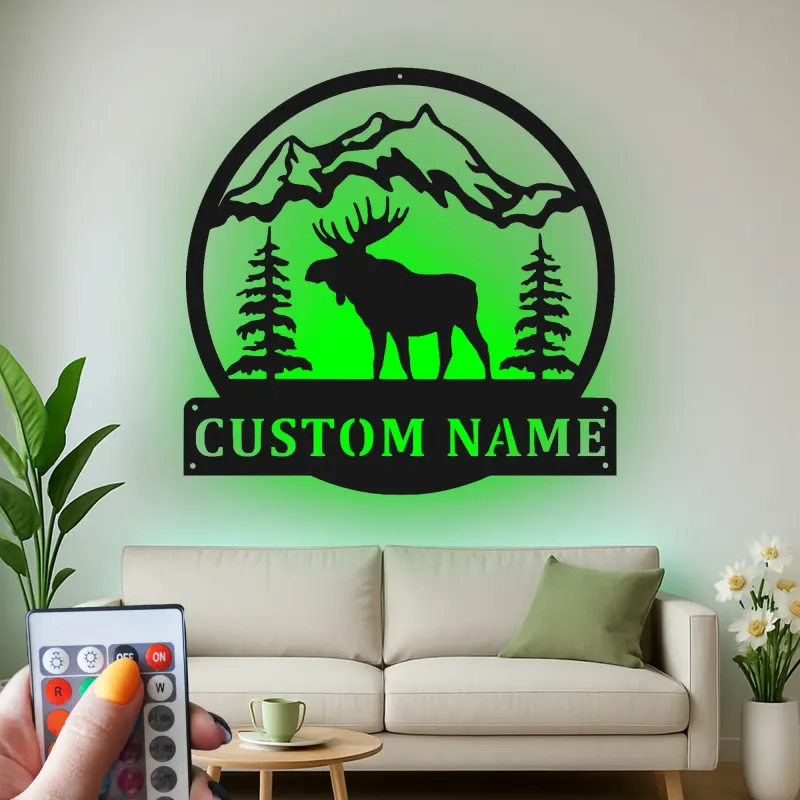 Insegna in metallo Bull Moose personalizzata | Arte murale illuminata con LED della fauna selvatica | Decorazione rustica per cabin | Regalo personalizzato per lodge