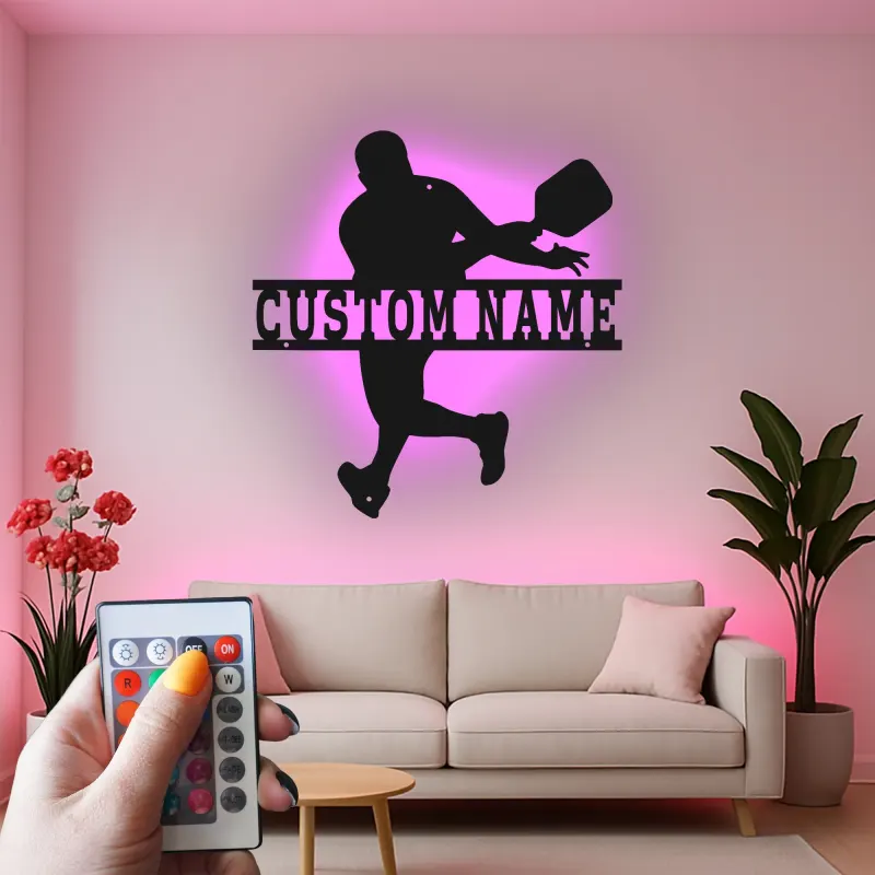 Pickleball Player LED Metal Art | Custom Name Sign | Sport Gift for Athlete | Game Room Decor