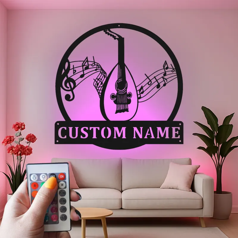 Panneau personnalisé en forme d'oud | Art mural en métal avec rétroéclairage LED | Cadeau personnalisé pour musicien | Décor de salle de musique