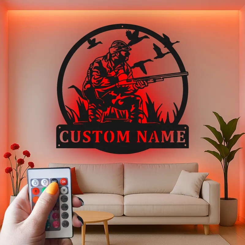 Insegna in metallo personalizzata per cacciatori con anatre con luce LED regalo per cacciatori decorazione per man cave o cabin