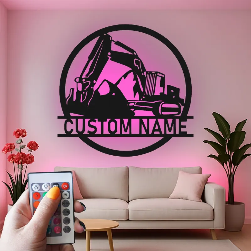 Cartel de metal LED personalizado de excavadora para regalo de construcción para él, decoración de garaje u oficina 1