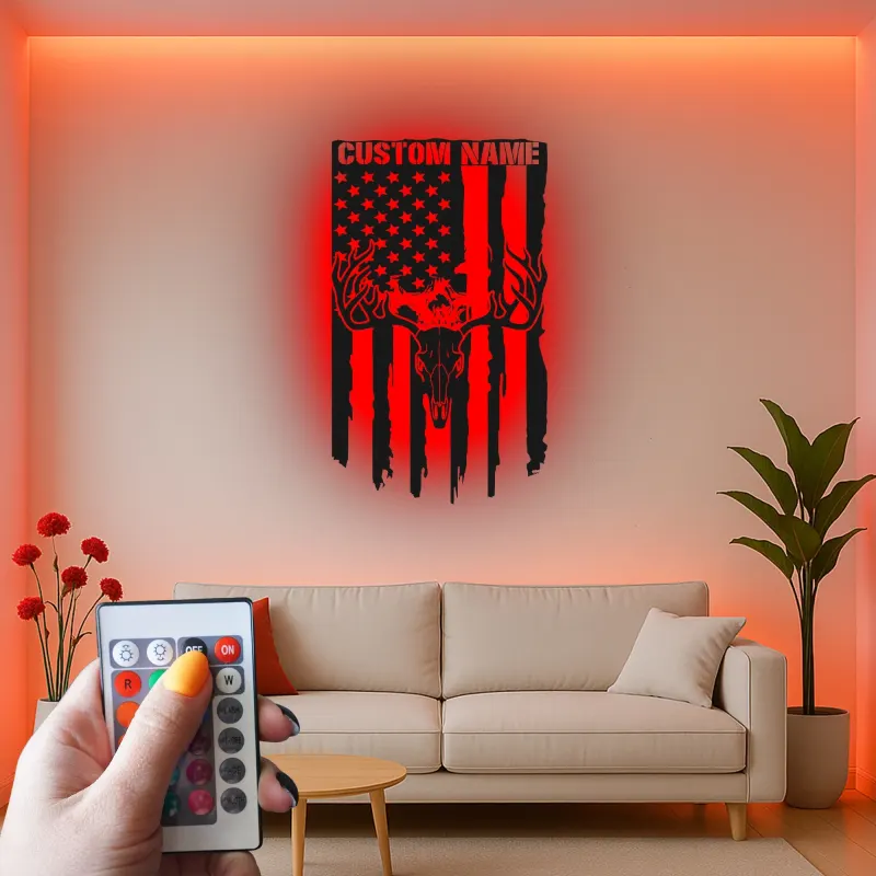 Cartel de metal personalizado con calavera de ciervo y bandera americana, regalo único para cazadores, decoración rústica para cabañas o man cave