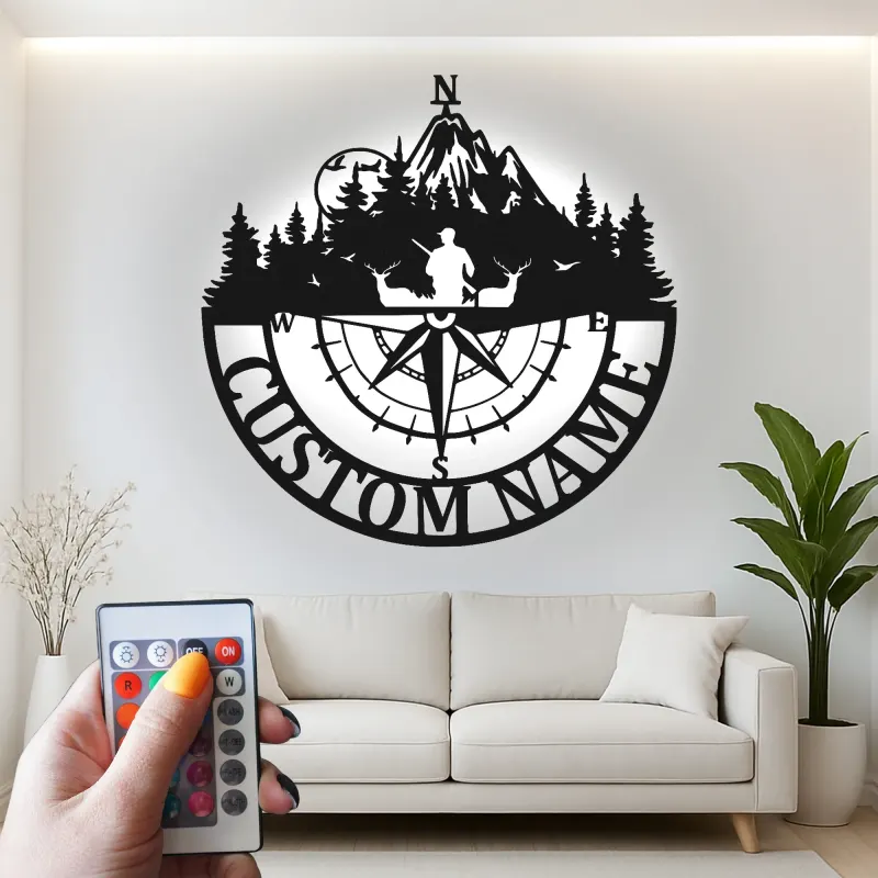 Cartel de metal personalizado de brújula de cazador | Decoración mural LED para cabaña | Regalo con nombre a medida para amantes del aire libre