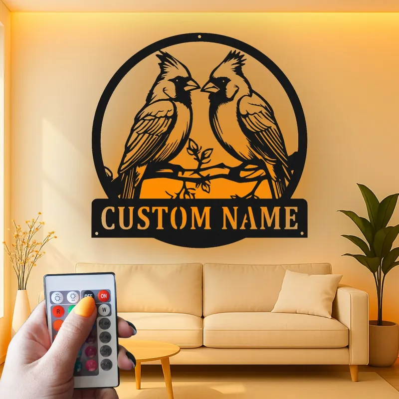 Personalisierte LED-Metall-Wandkunst mit Kardinalpaar – Geschenk für Vogelliebhaber, Naturdeko fürs Wohnzimmer