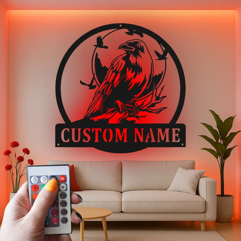 Cartel de metal LED con cuervo personalizado, regalo para amantes de las aves, decoración única para sala de estar