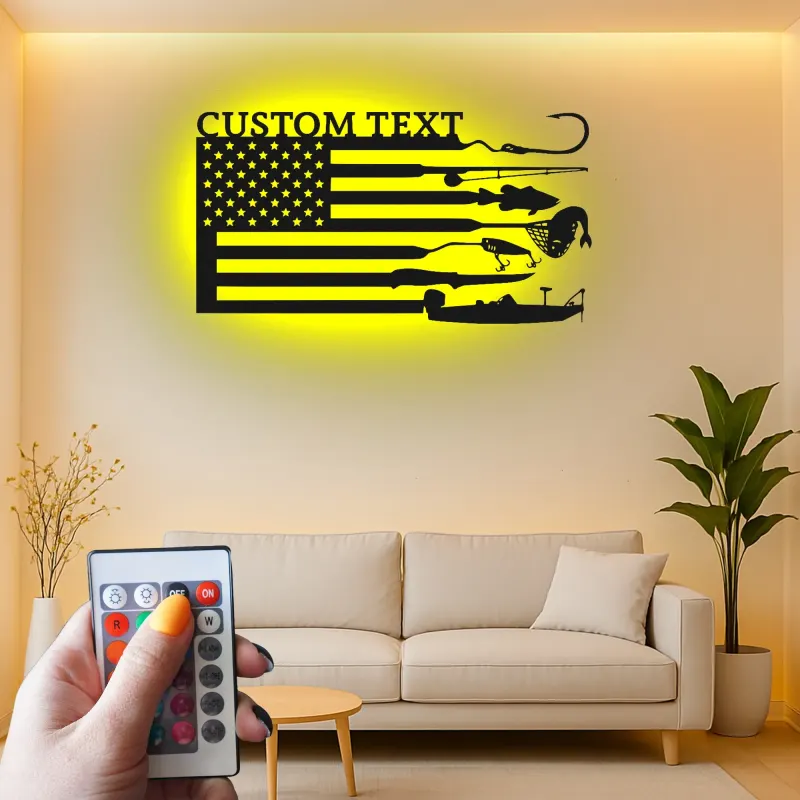 Panneau LED drapeau de pêche sur mesure | Décoration murale en métal personnalisée | Cadeau patriotique pour pêcheur | Déco maison de lac