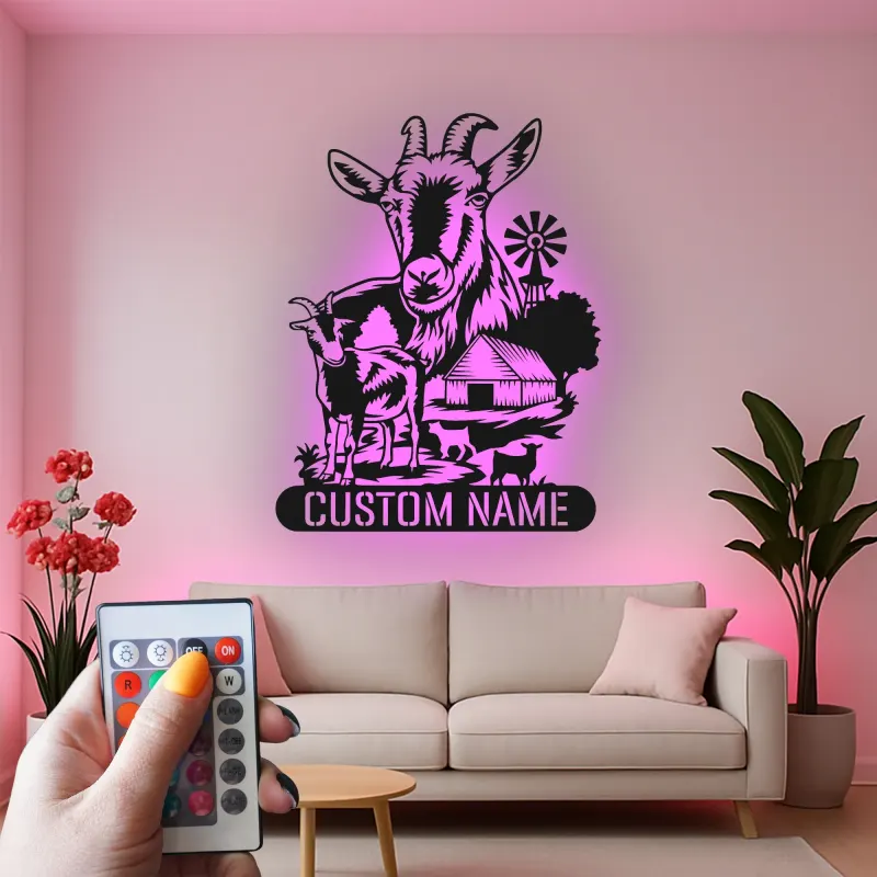 Insegna LED personalizzata per fattoria di capre | Arte murale in metallo personalizzata per agricoltori | Arredo rustico per casa di campagna e ranch