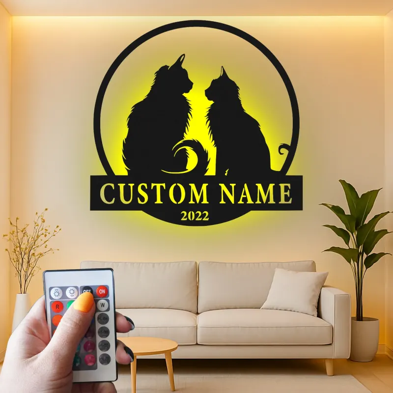 Custom Cat Couple Led Light Metal Wall Art Personalized Pet Lover Gift Living Room or Bedroom Decor