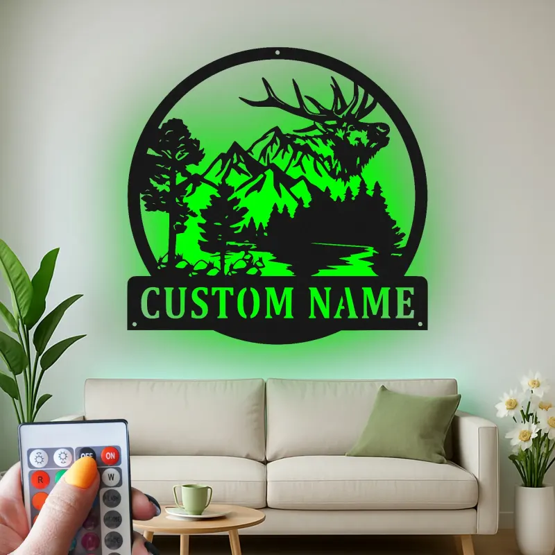 Custom Elk Mountain Scene Led Light Metal Wall Art Personalized Gift for Nature Lovers Cabin or Lodge Decor