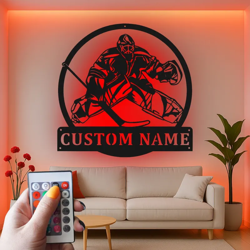 Insegna in metallo personalizzata con luce LED per portiere di hockey