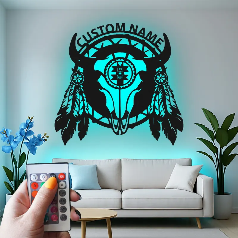 Cartel de metal LED personalizado de cráneo de búfalo, regalo occidental rústico para decoración del hogar en el salón