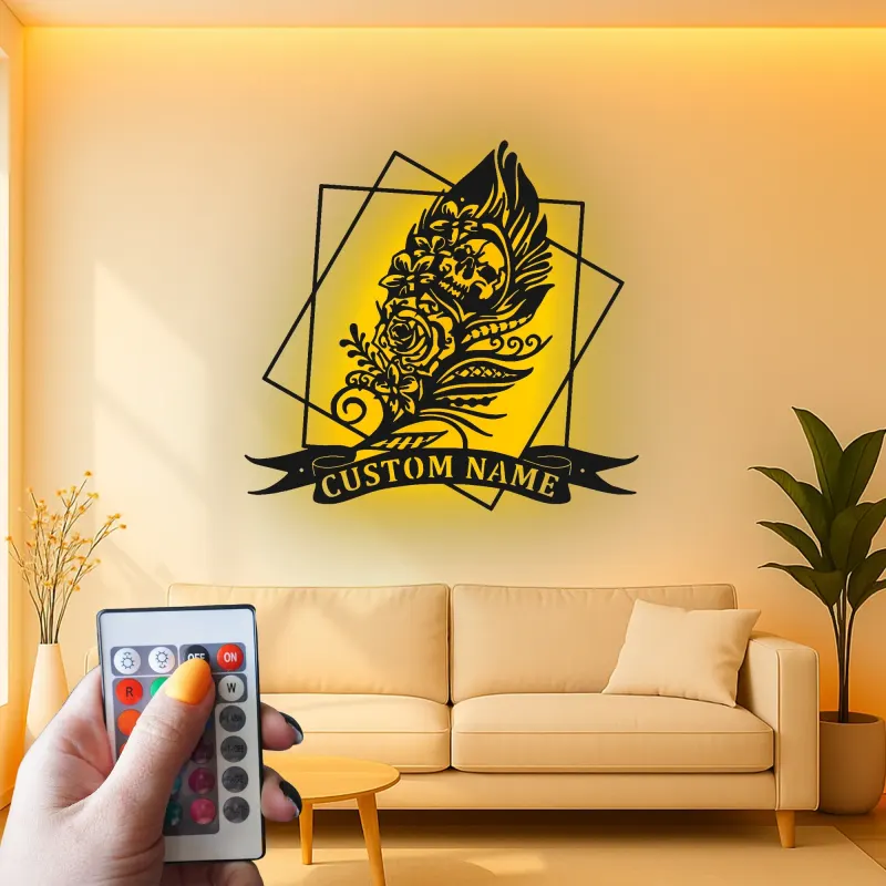Décoration murale en métal LED crâne gothique | Décor personnalisé style tatouage | Panneau prénom sur mesure pour chambre ou studio