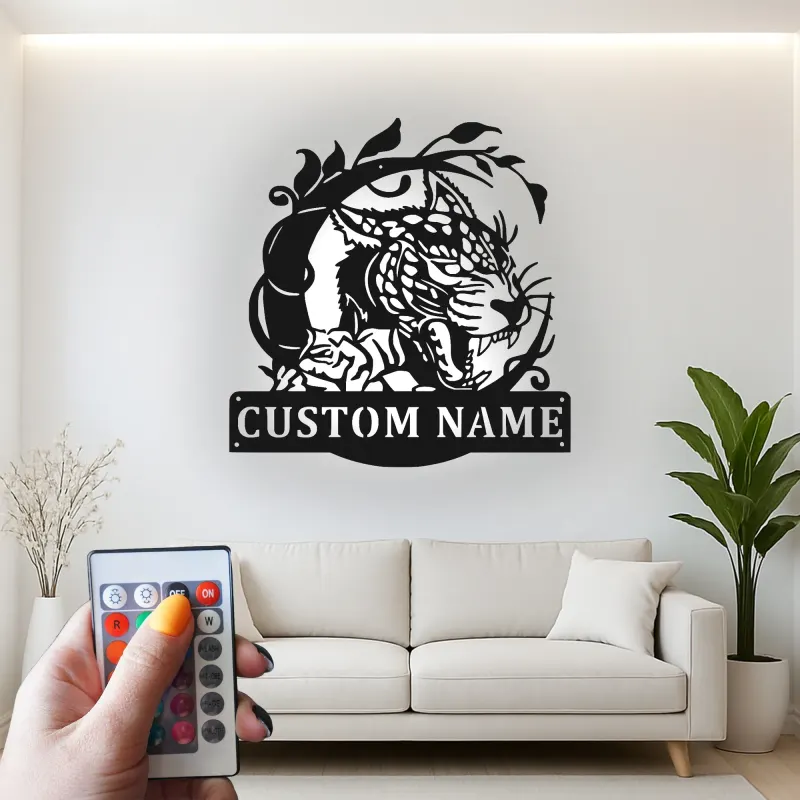 Décoration murale LED en métal jaguar personnalisé | Panneau prénom pour bureau et man cave | Déco prédateur de la jungle avec éclairage télécommandé