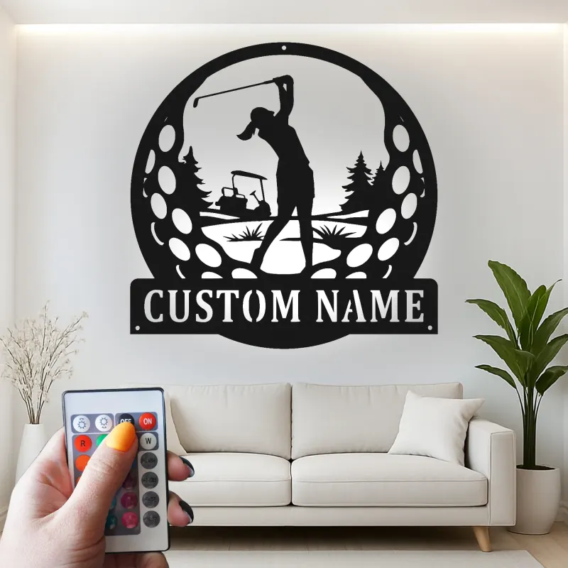 Insegna LED da golf personalizzata | Decorazione murale in metallo su misura per golfisti | Targa con nome per ufficio, home bar e sala sportiva
