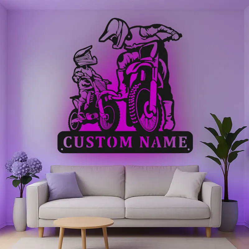Custom Motocross Riders Led Light Metal Wall Art Personalized Gift for Dirt Bike Enthusiasts Garage or Man Cave Decor 1
