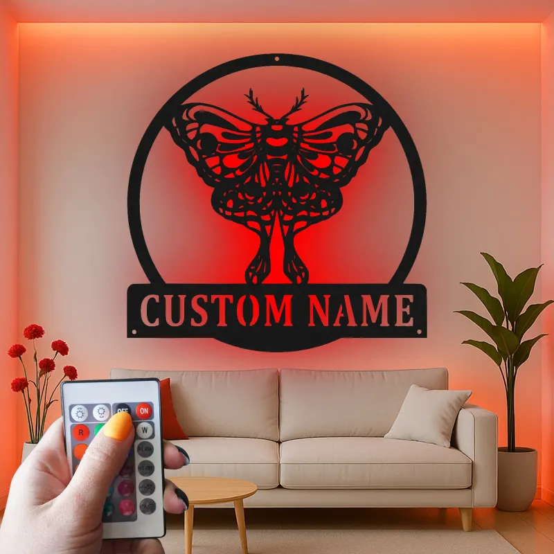Cartel de metal LED con polilla, regalo personalizado para amantes de la naturaleza, decoración de dormitorio o sala de estar