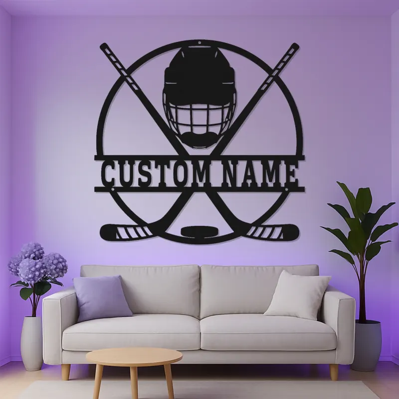 Cartel LED personalizado de jugador de hockey | Decoración mural de metal personalizada | Regalo deportivo para habitación infantil y cueva masculina