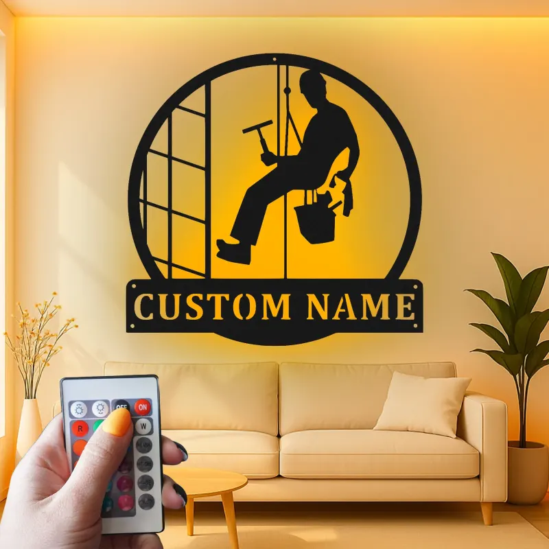 Décoration murale en métal personnalisée pour nettoyeurs de vitres avec rétroéclairage LED - Cadeau unique pour nettoyeurs - Décor mural de bureau