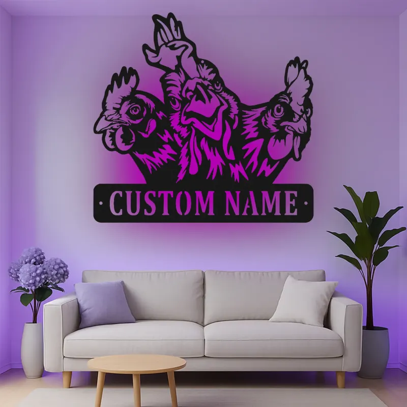 Custom Chicken Trio Led Light Metal Wall Art Farmhouse Gift for Chicken Lovers Kitchen or Barn Decor