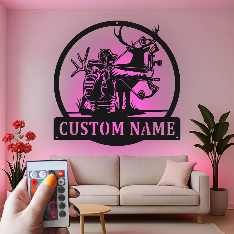 Décoration murale en métal personnalisée pour chasseur à l'arc avec rétroéclairage LED - Cadeau pour les passionnés de tir à l'arc
