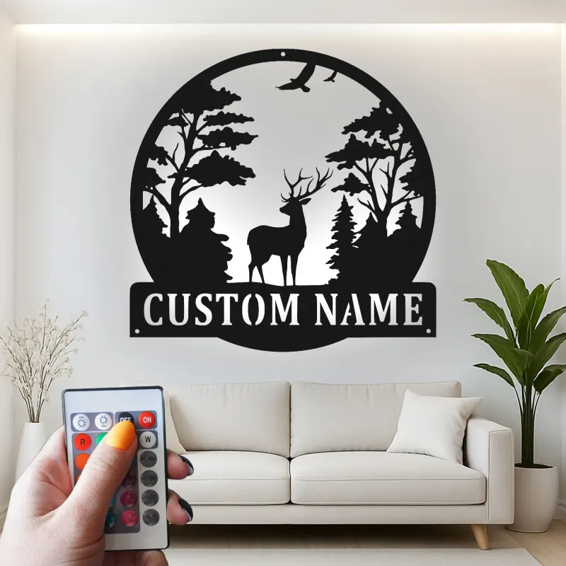 Insegna in metallo personalizzata con scena di cervo e luce LED, regalo per amanti della natura, decorazione per cabine o lodge