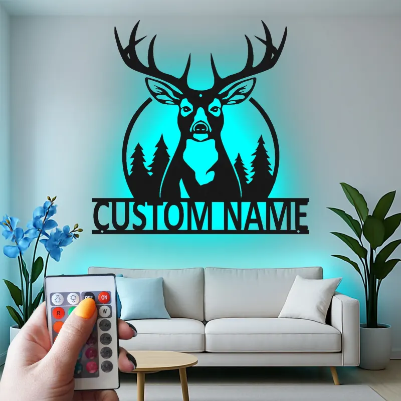 Décoration murale en métal personnalisée Silhouette de Cerf avec Rétroéclairage LED Cadeau Personnalisé pour Chasseurs Décor de Chalet Rustique