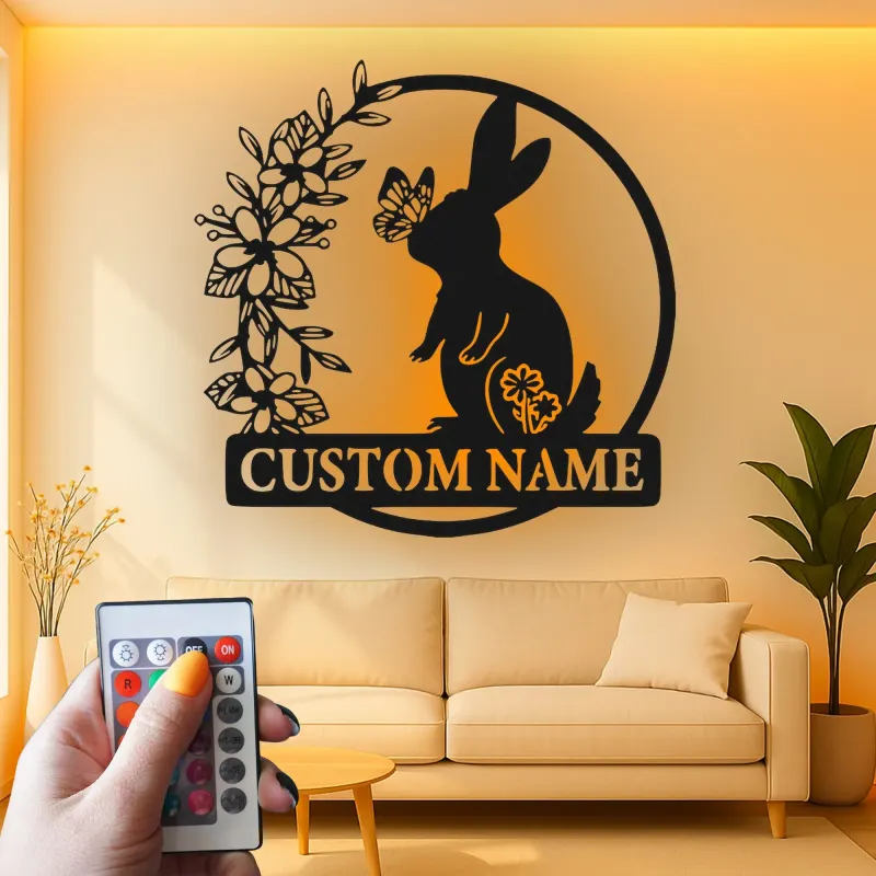 Personalized Rabbit Name Sign | LED Metal Wall Art for Nursery | Bunny & Butterfly Light | Baby Shower Gift