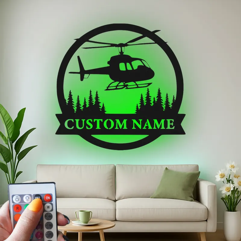 Personalized Helicopter Metal Wall Art | LED Lighted Aviation Decor | Custom Name Sign for Pilot Gift, Office & Man Cave