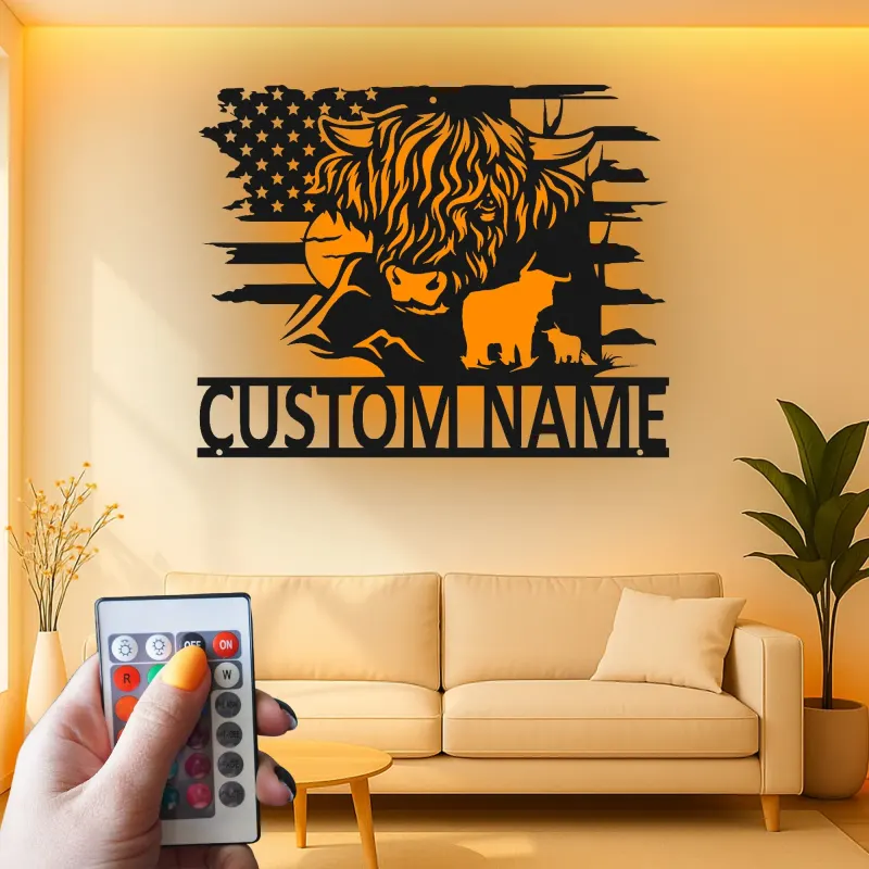 Décoration murale en métal Highland Cow | Enseigne LED personnalisée avec drapeau USA | Déco ranch sur mesure | Cadeau pour fermier
