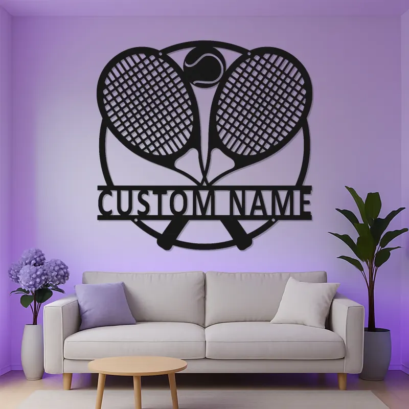 Enseigne LED en métal raquette de tennis personnalisée | Art personnalisé avec nom de joueur | Décor sportif lumineux | Art mural pour salle de jeux