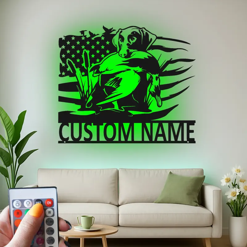 Personalized Labrador Hunting Sign | LED Metal Wall Art for Hunters | Custom Duck Hunting Decor with American Flag | Gift for Cabin