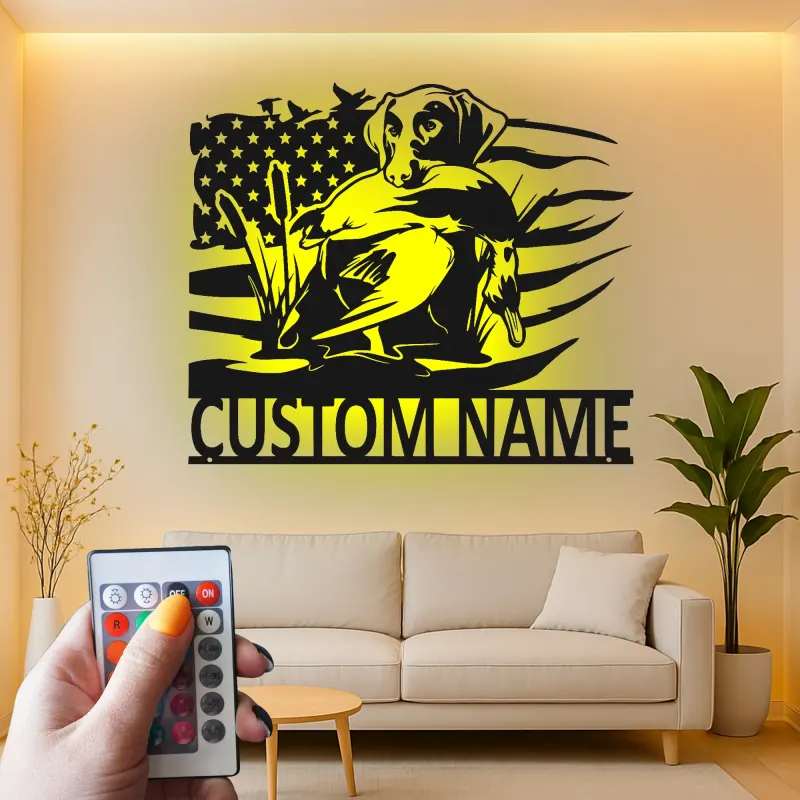 Personalized Labrador Hunting Sign | LED Metal Wall Art for Hunters | Custom Duck Hunting Decor with American Flag | Gift for Cabin