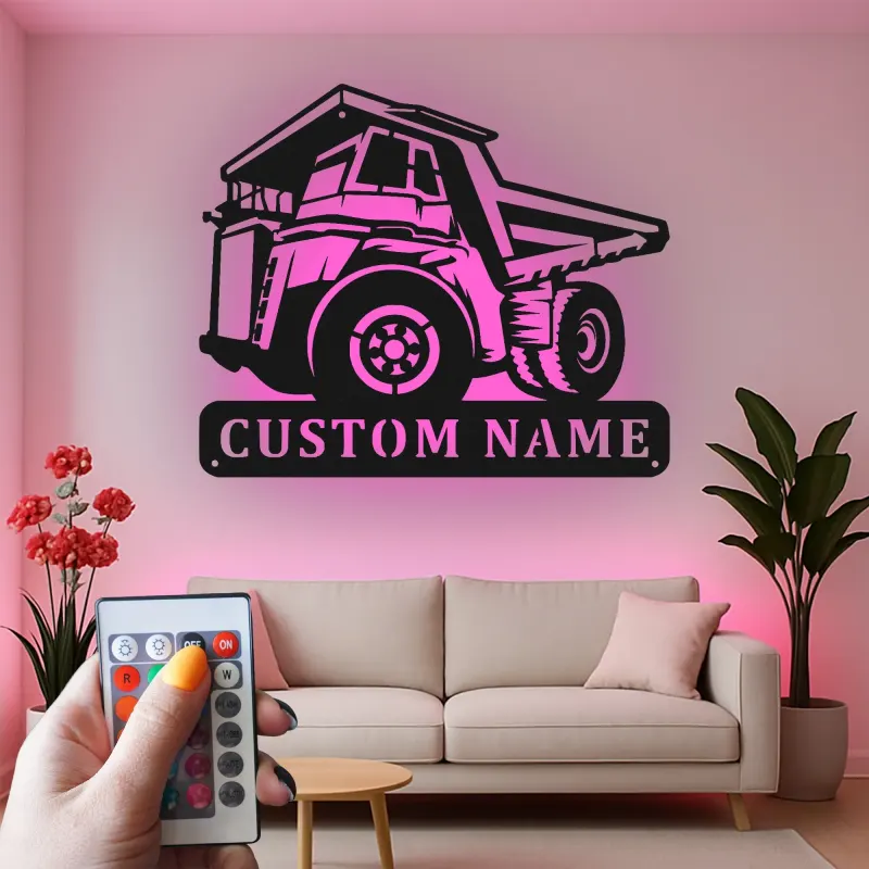 Insegna in metallo LED a forma di camion ribaltabile personalizzata - Regalo per appassionati di costruzione - Decorazione per garage o ufficio