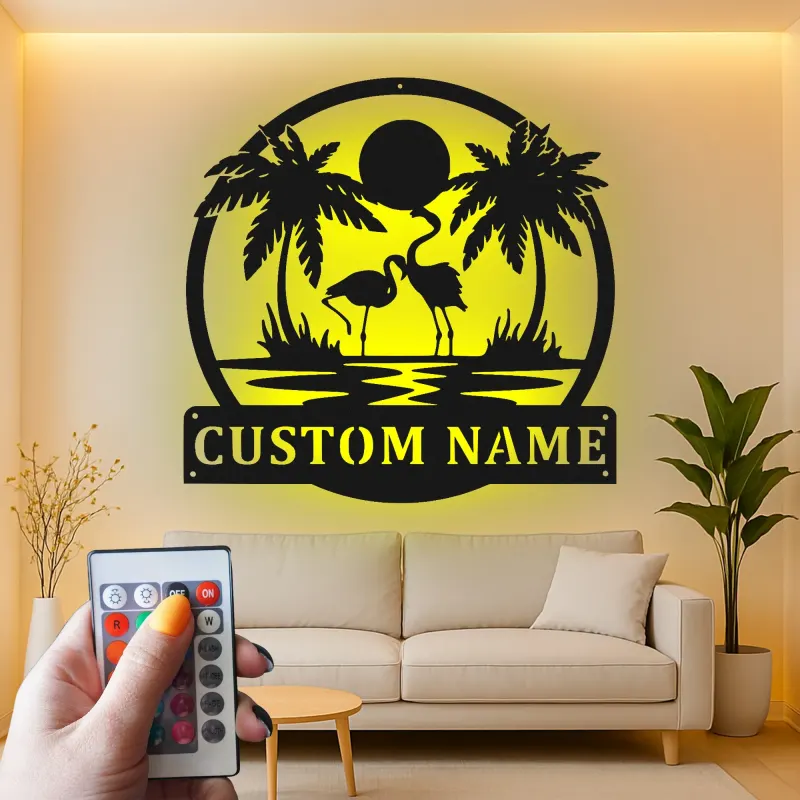 Insegna LED in metallo con fenicottero | Arte murale tropicale personalizzata | Decorazione su misura per patio e bordo piscina | Regalo per casa al mare
