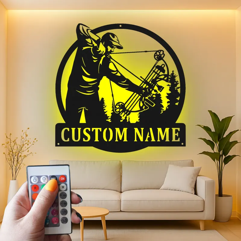 Insegna in metallo LED personalizzata per cacciatori di archi - Regalo per appassionati di tiro con l'arco - Decorazione per man cave o cabin