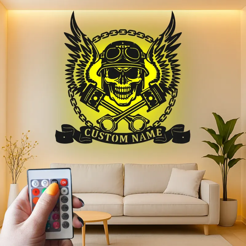 Cartel de garaje personalizado para moteros | Arte mural de calavera de metal LED | Decoración personalizada para motocicletas en el man cave o taller