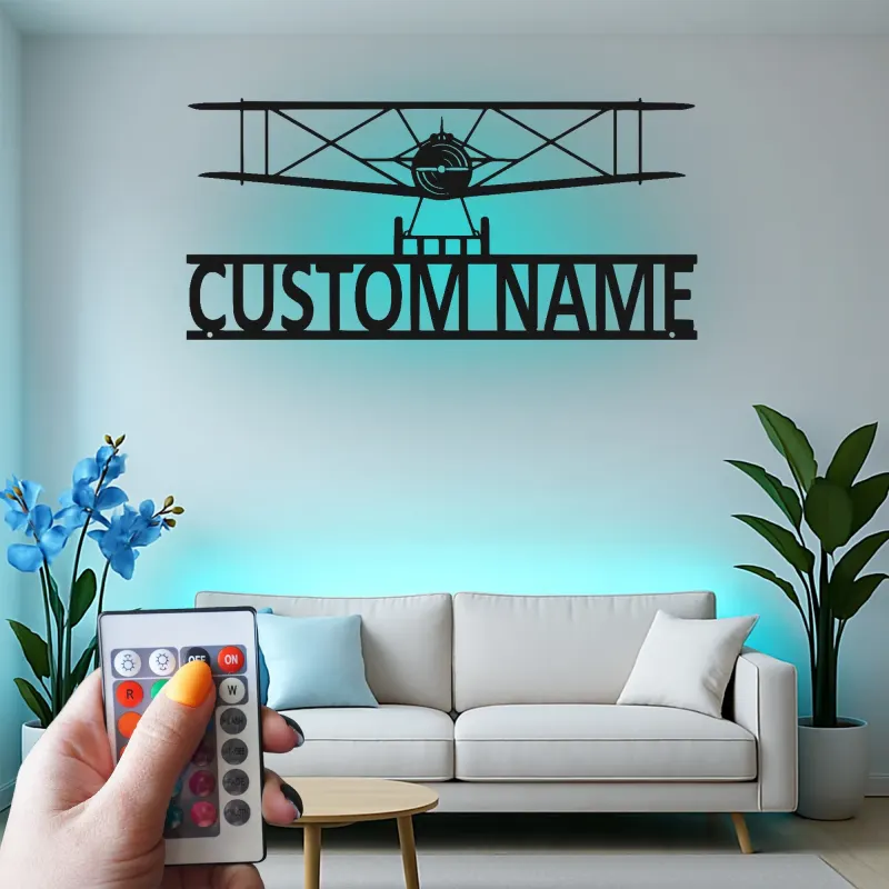 Décoration murale en métal LED personnalisée Biplan Cadeau d'aviation pour pilote Décor de hangar pour passionnés d'aviation