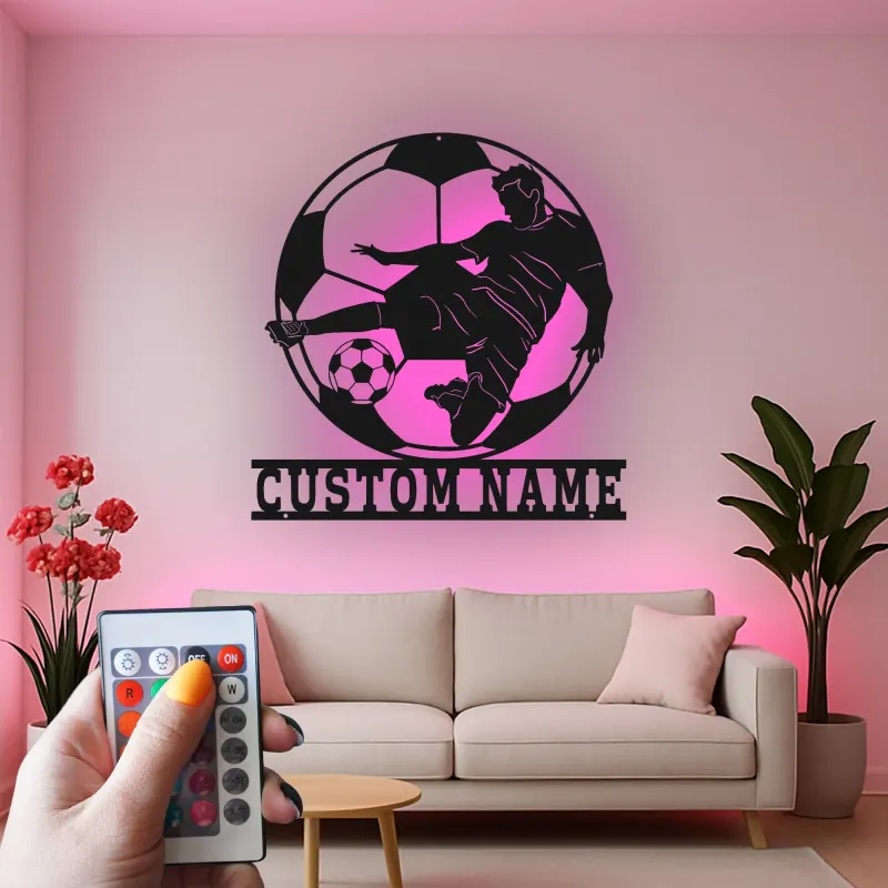 Cartel de Metal de Jugador de Fútbol Personalizado | Arte Mural LED Deportivo | Regalo con Nombre Personalizado para Atletas | Decoración de Habitación de Niños