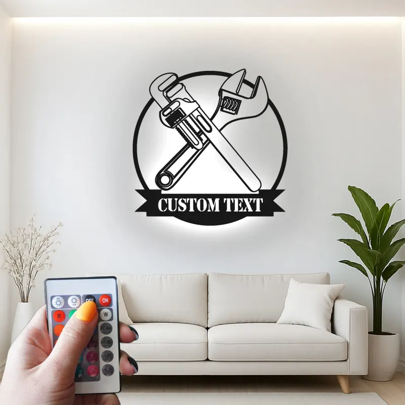 Personalisierte Mechaniker LED Schild | Gekreuzte Schraubenschlüssel Metall Wandkunst | Individuelle Garagen Dekor | Klempner Geschenk
