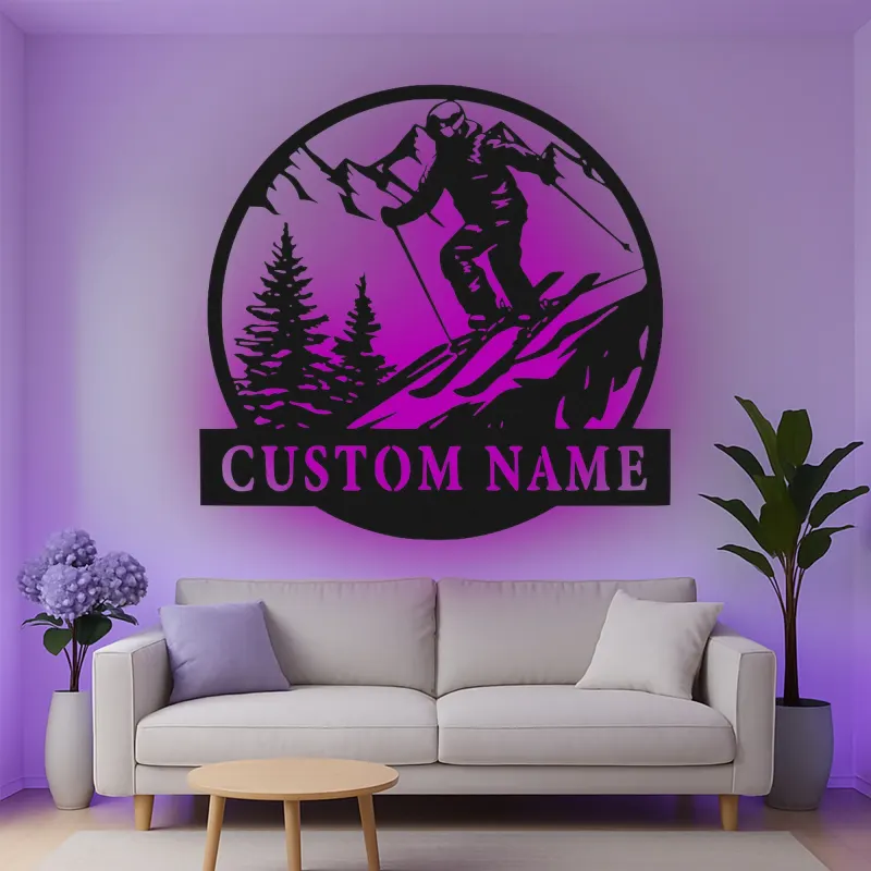 Custom Skiing Led Light Metal Wall Art Personalized Gift for Skiers Mountain Lodge Decor