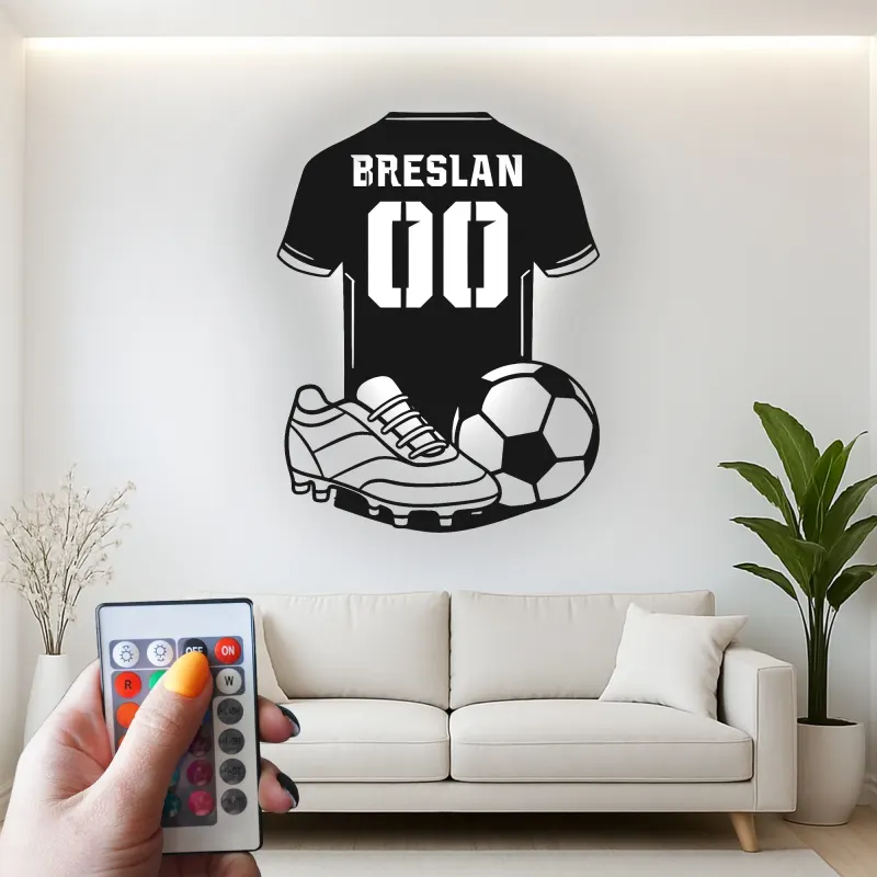 Insegna LED a forma di maglia di calcio personalizzata | Arte murale in metallo per camera di giocatore | Regalo per tifosi di calcio con nome e numero