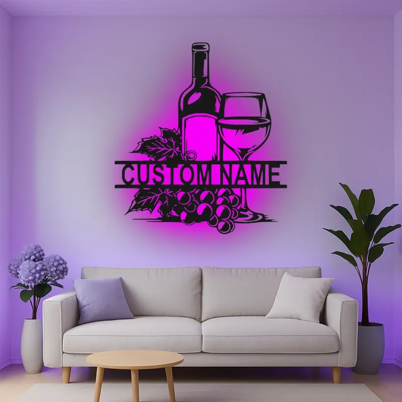Décoration murale en métal personnalisée avec bouteille de vin et verre en rétroéclairage - Cadeau pour les amateurs de vin, décoration de cuisine ou de bar