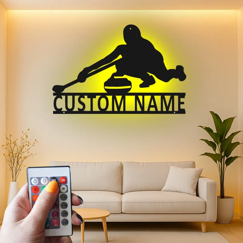Insegna in metallo personalizzata con luce LED a tema giocatore di curling regalo per appassionati di curling decorazione per sala giochi