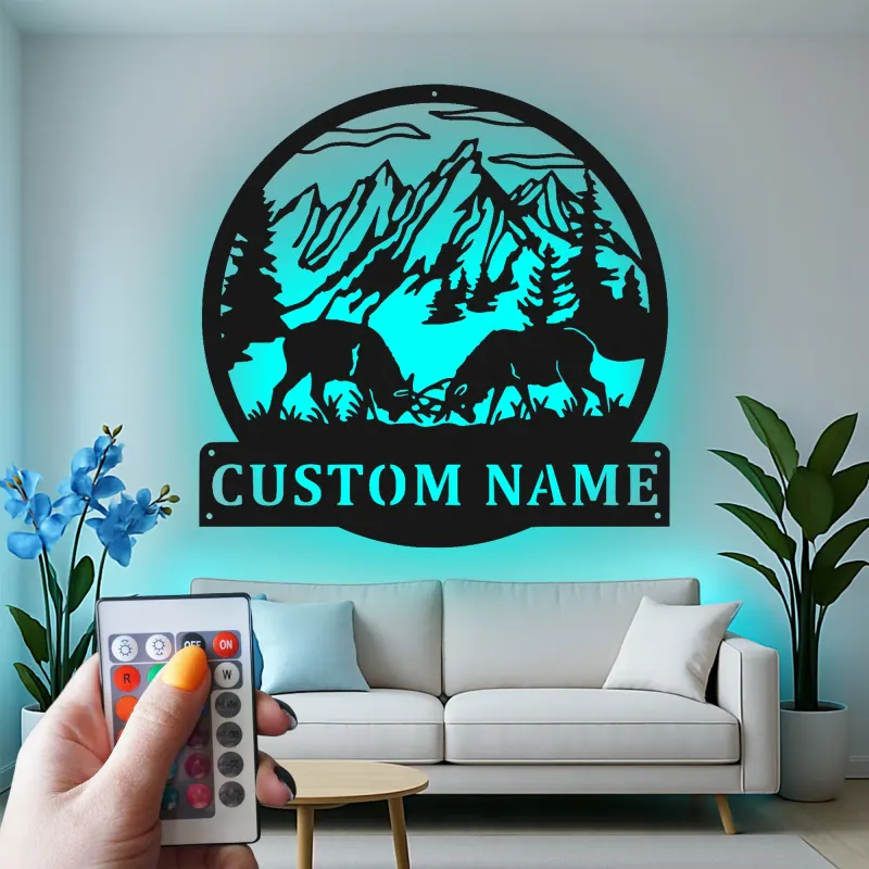Cartel de metal LED de alce de montaña personalizado, regalo para amante de la naturaleza, decoración de cabaña rústica